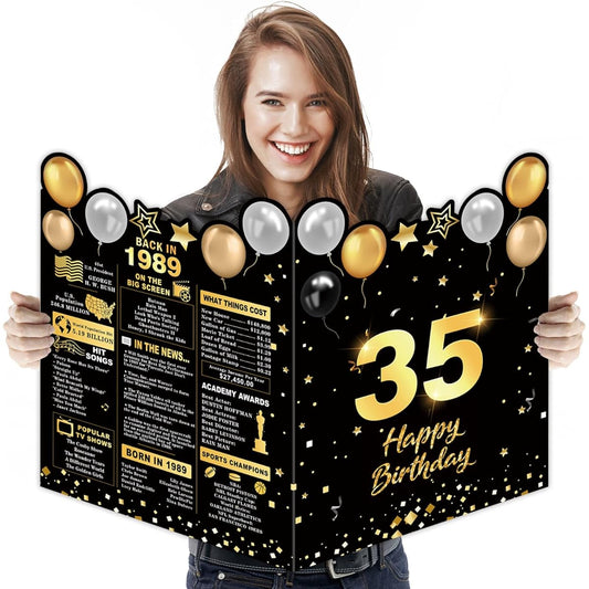 35th Birthday Large Greeting Cards Happy Birthday Giant Guest Book Birthday Card Big Happy Birthday Card Extra Large Plastic Card for Women Men Friends Colleagues Family Couples Black Gold Theme Party