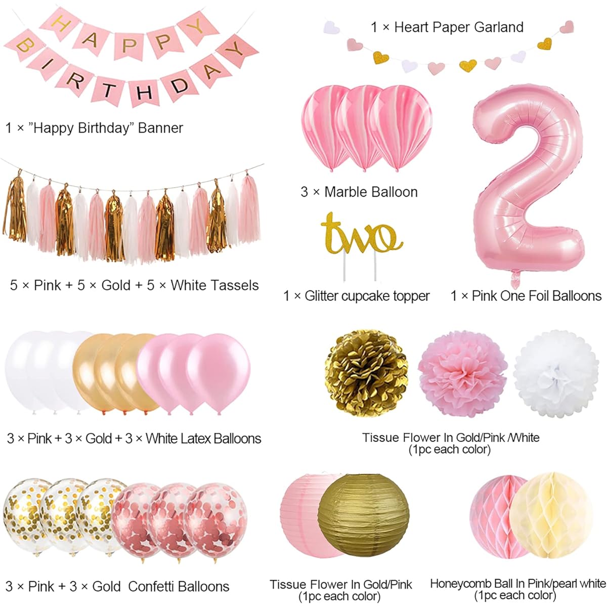 2nd Birthday Girl Decorations, Girl 2 Birthday Decorations with Happy Birthday Banner, Number 2 Balloons Pink and Gold Party Supplies Decorations 2nd Birthday