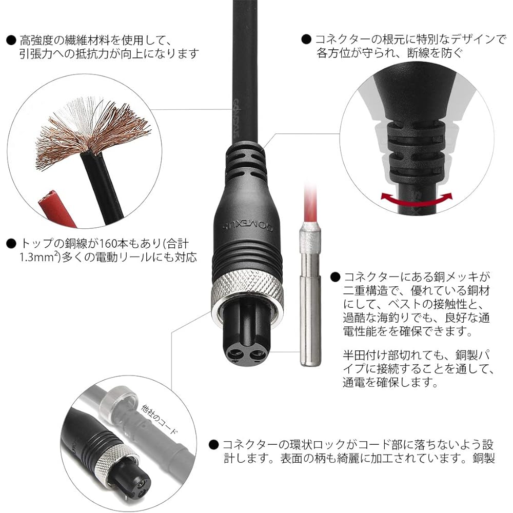 Gomexus Electric Reel Super AIR Cord Jump Starter Cord 270cm Compatible with Shimano, Daiwa, Seaborg 200J, etc., EC5 Connector Type