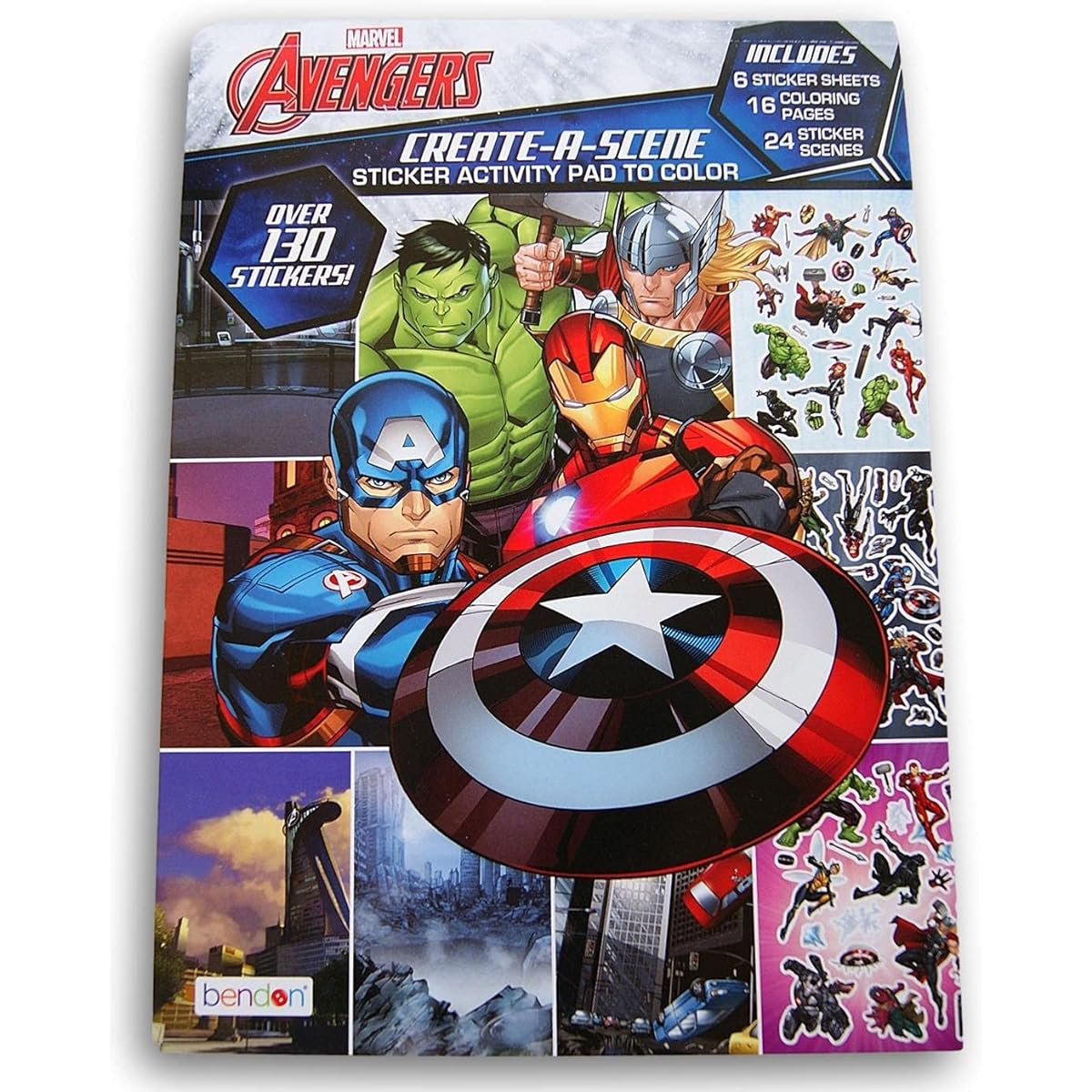 Avengers Themed Create-A-Scene Pad with Stickers - 7.75 x 10.75 Inch, 6 Sticker Sheets, 16 Coloring Pages, 24 Sticker Scenes