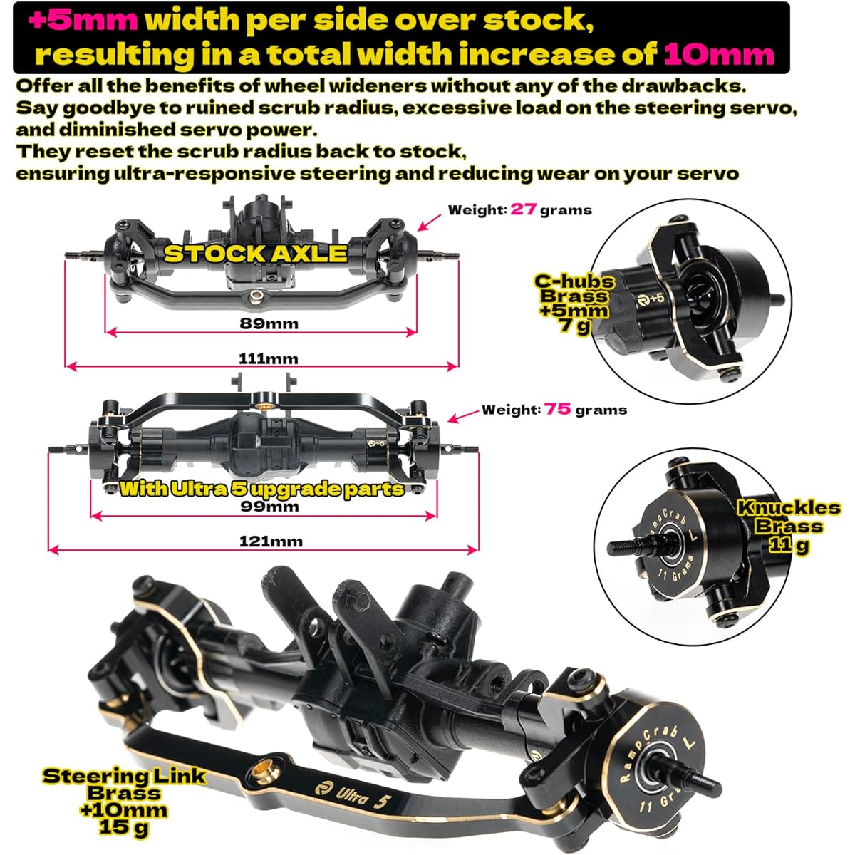 RampCrab Axle Widening Upgrade Parts for TRX4M, 5mm Width on Both Sides (Front & Rear) Brass Upgrade Parts for TRX4m RC Crawler Car, 1/18 TRX4-M Unlimited Trail Buggy Ultra 5