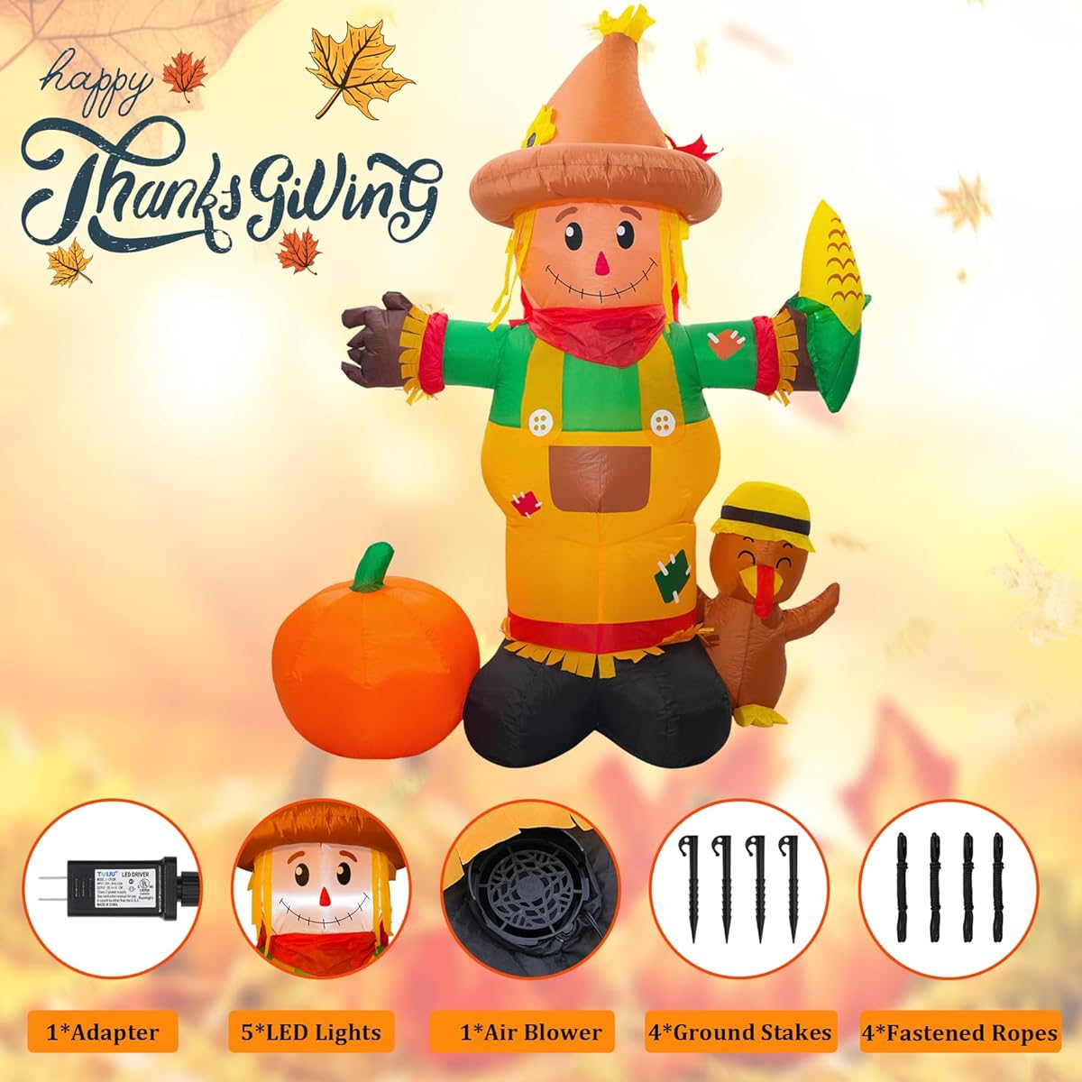 Reclite 6ft Thanksgiving Inflatable Scarecrow Decoration Blow Up Outdoor Yard Decoration with Built-in LED Lights Holiday Inflatable Decorations for Party Garden Lawn