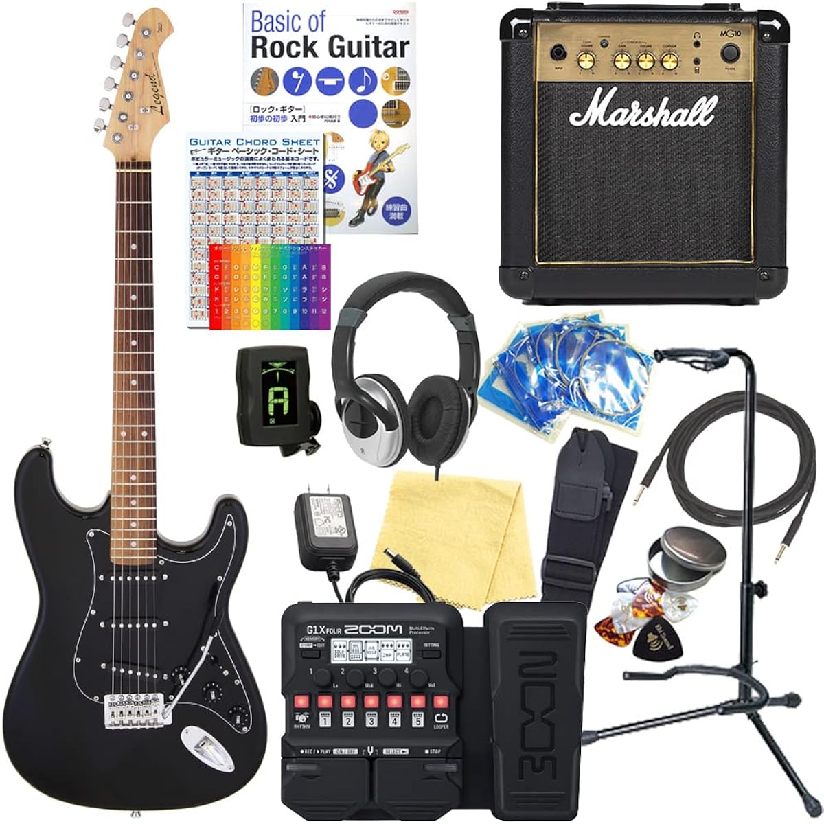 Electric guitar beginner set Stratocaster type 18-piece set with Marshall amp Legend LST-Z BBK [ZOOM G1XFour multi-effector included]