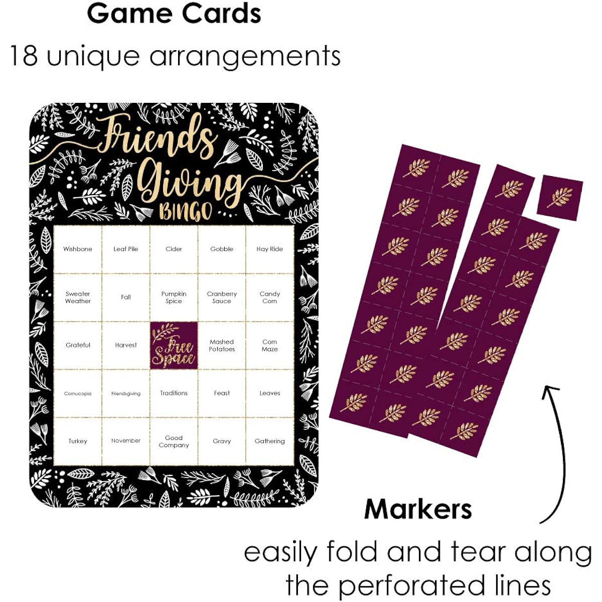 Big Dot of Happiness Elegant Thankful for Friends - Bingo Cards and Markers - Friendship Thanksgiving Party Bingo Game - Set of 18