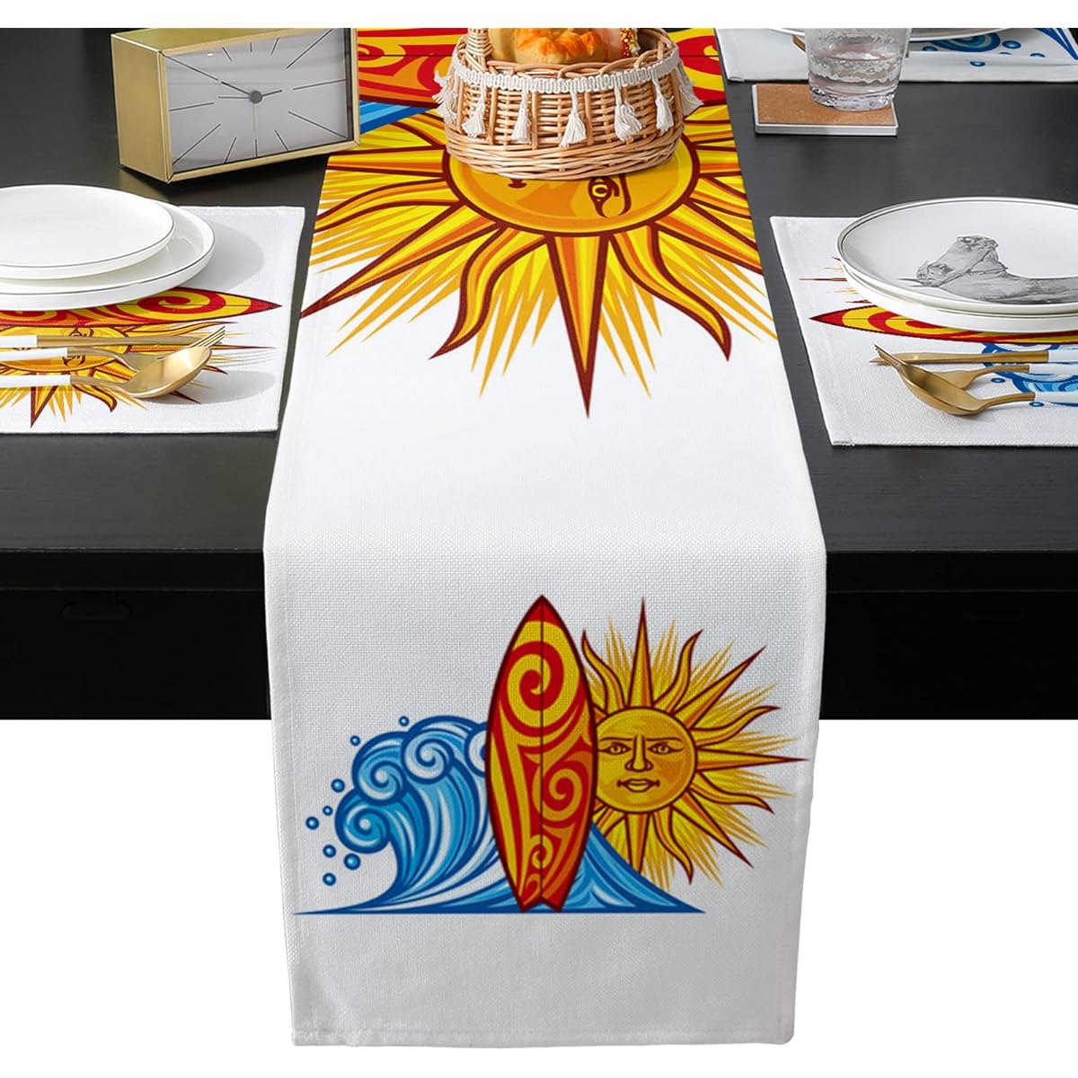 LaBLUUX Table Runner Placemats Set of 2 Cartoon Ocean Blue Waves Sun Orange Kayak Cotton Linen Table Mats with Matching Table Runner for Dining Table, Kitchen 70" x 13"