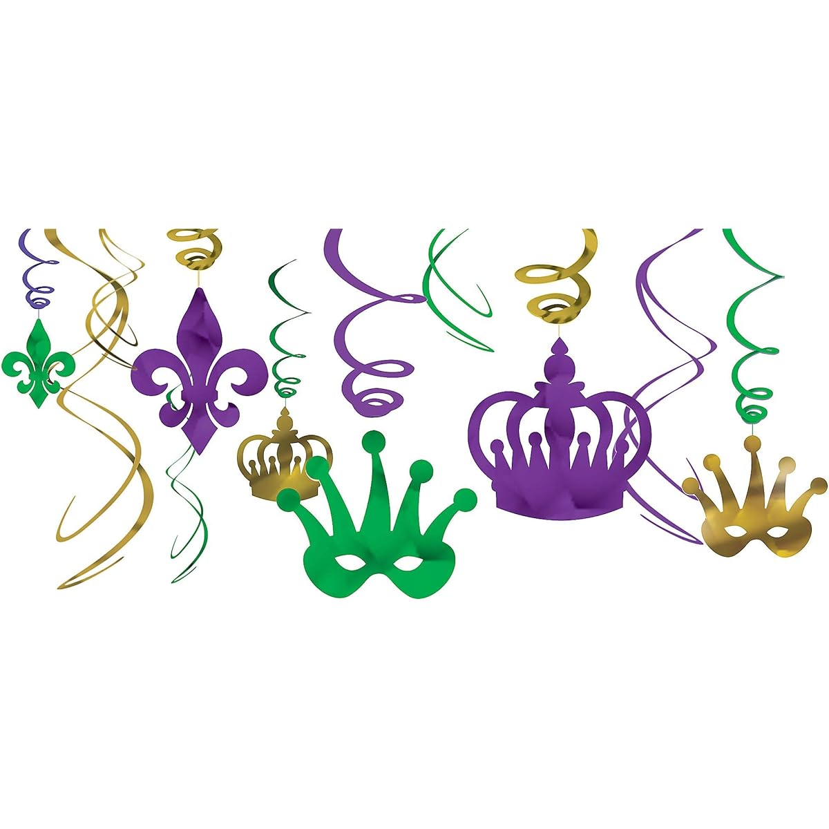 Amscan Vibrant Mardi Gras Party Crown & Mask Swirl Ceiling Decoration Kit (12 Pieces), Multicolor, 10 x 9.5