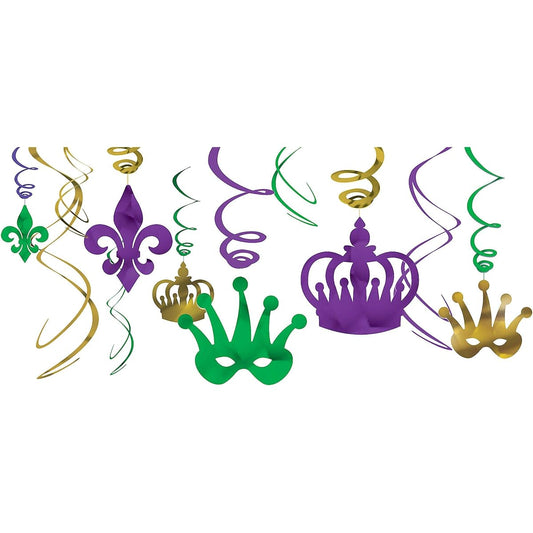 Amscan Vibrant Mardi Gras Party Crown & Mask Swirl Ceiling Decoration Kit (12 Pieces), Multicolor, 10 x 9.5