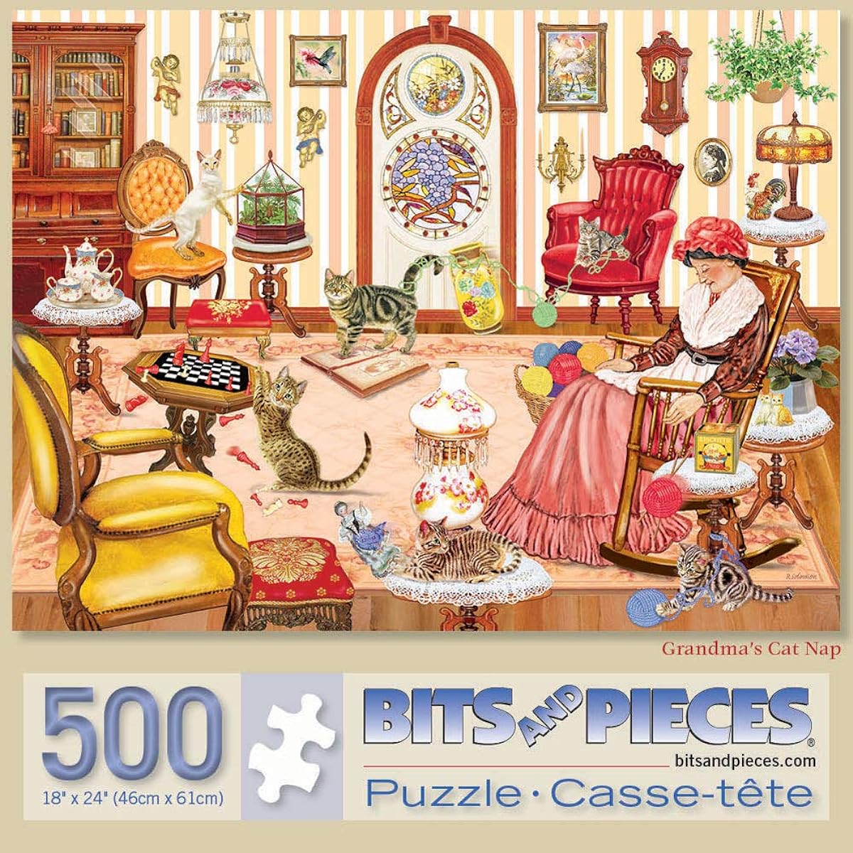 Bits and Pieces - 500 Piece Jigsaw Puzzle for Adults 18" x 24" - Grandma's Cat Nap - 500 Piece Cat Gets Into Trouble Cat Lady Cat Fun Jigsaw Artist: Rosiland Solomon