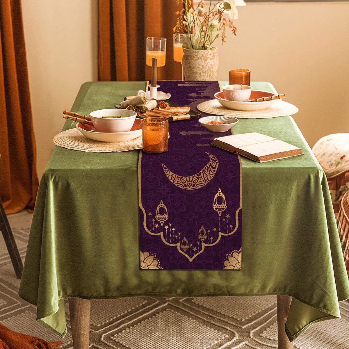 Rainlemon Linen Eid Mubarak Table Runner Ramadan Mosque Islamic Holiday Home Dining Room Decoration