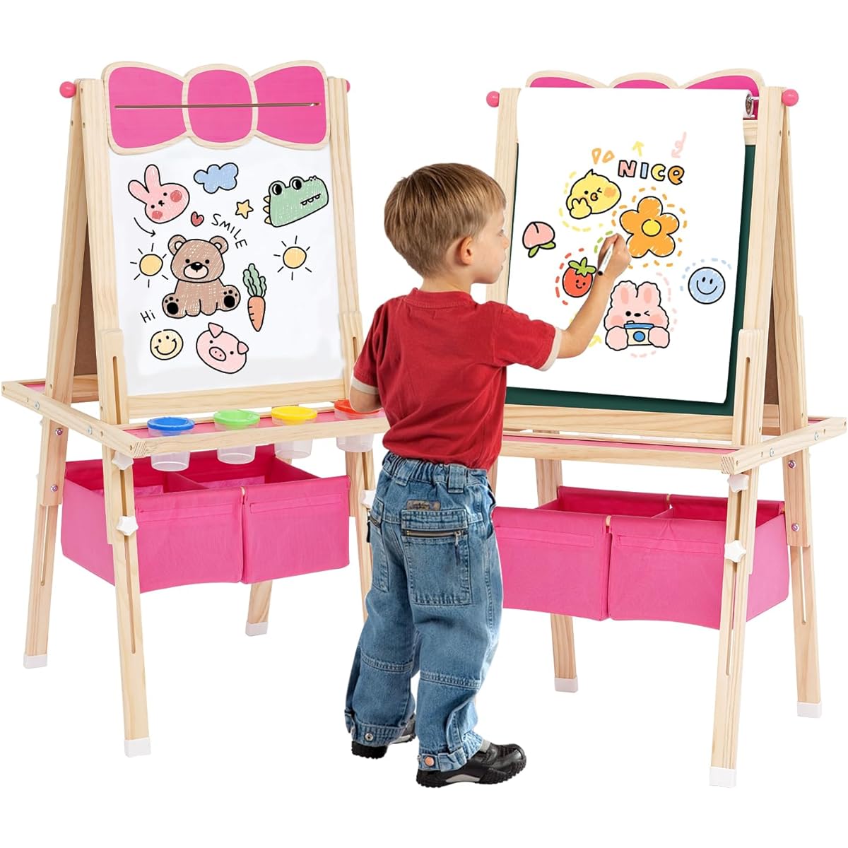 Children's Wooden Easel All-in-One Children's Easel Double-sided Standing Magnetic Whiteboard Chalkboard Children's Art Easel with Storage Height Adjustable Easel for Boys/Girls for Painting and Writing