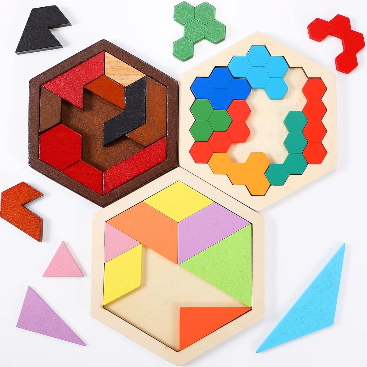 Wooden Hexagon Tangram Puzzle Challenge Wooden Brain Teaser Hexagon Geometric Wooden Block Puzzle Toys for People of Different Ages Logic Mind Game Gift 3 Pack