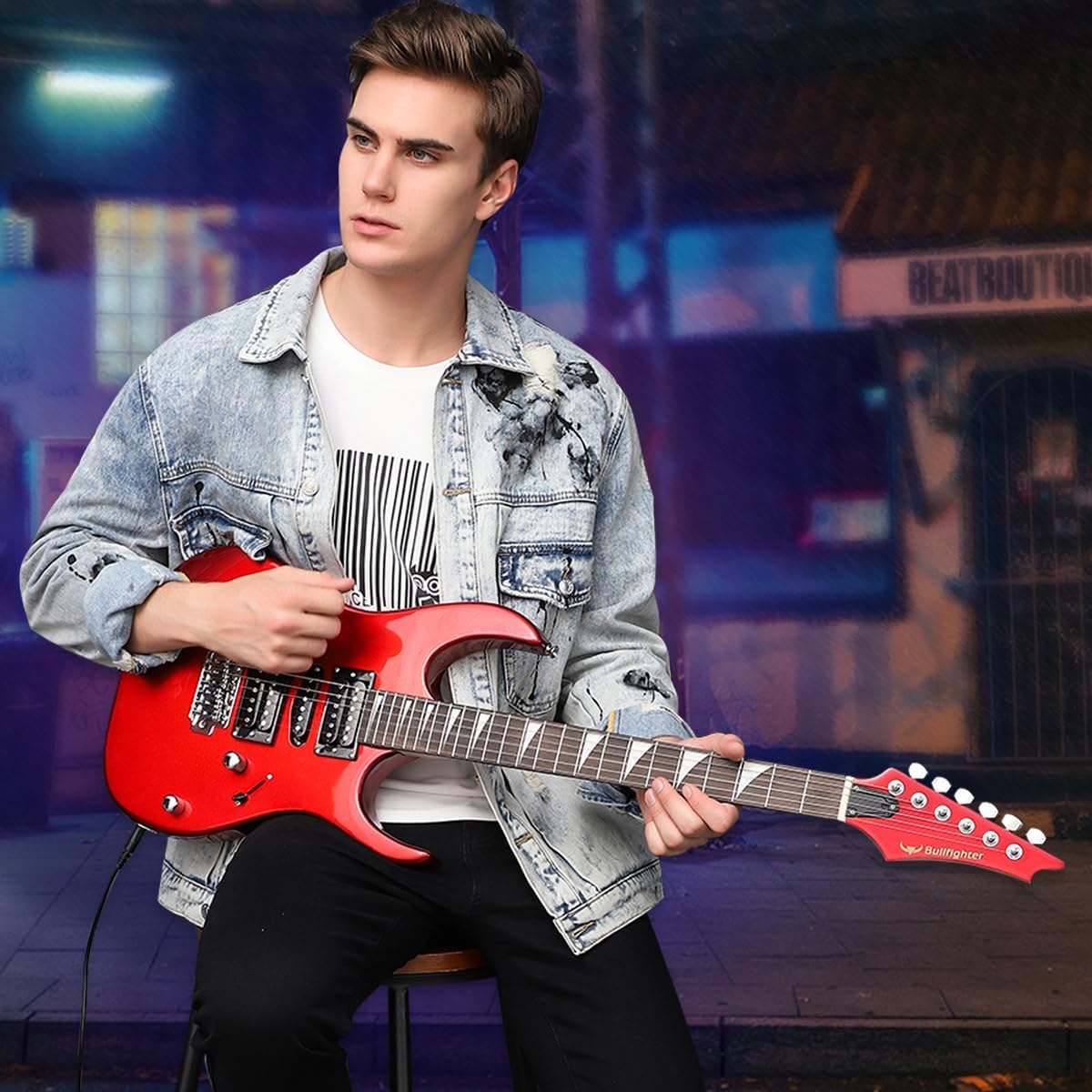 Bullfighter Electric Guitar Electric Acoustic ST Single Shake Adult Beginner Instrument Rock Professional Performance Electric Guitar Set (D-150 RED)