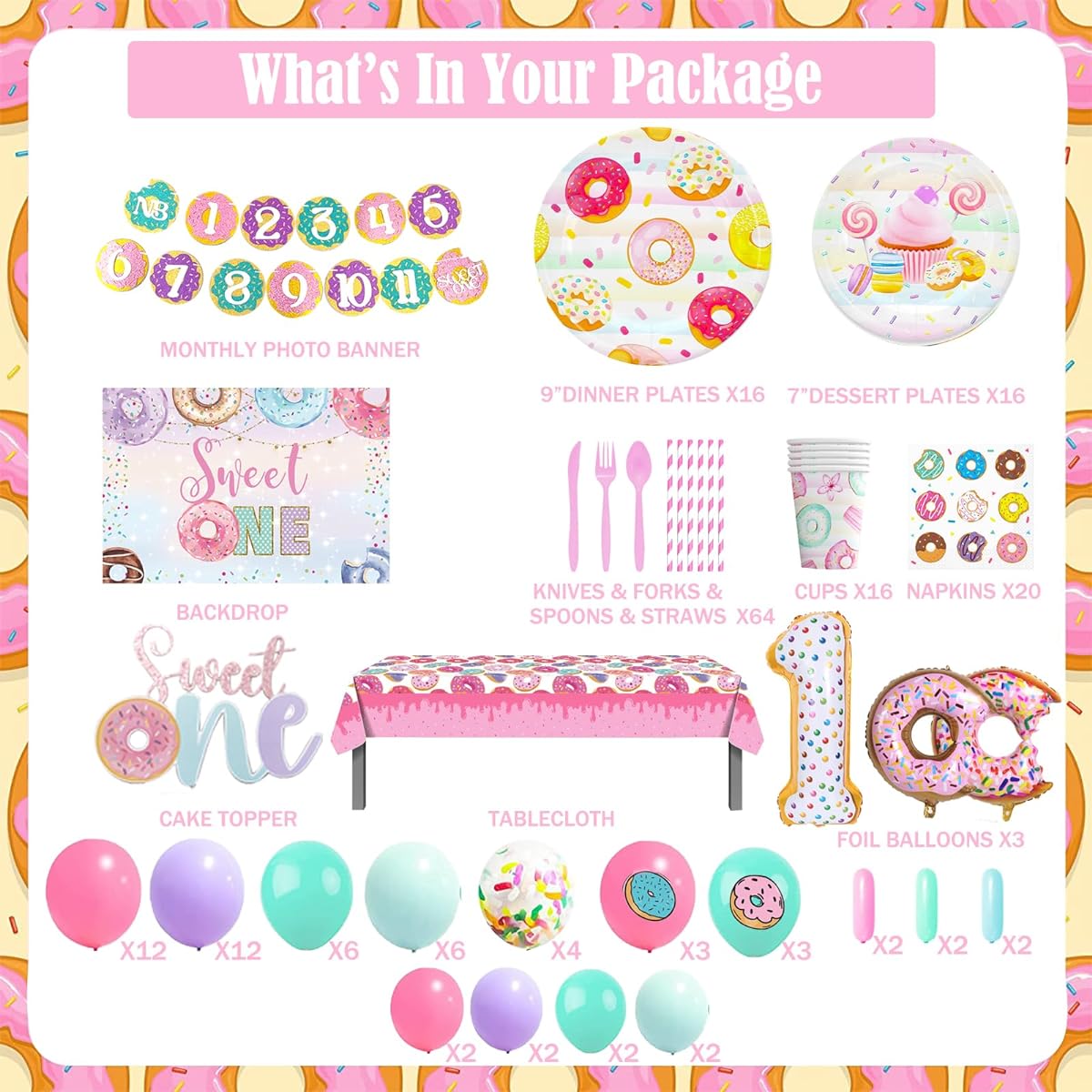 Hombae 195 Pieces Sweet One Birthday Party Decorations Girls' First Party Supplies Background Balloon Garland Monthly Photo Banner Table Cloth Cake Topper Plate Napkin Cup Straw Knife Spoon Fork
