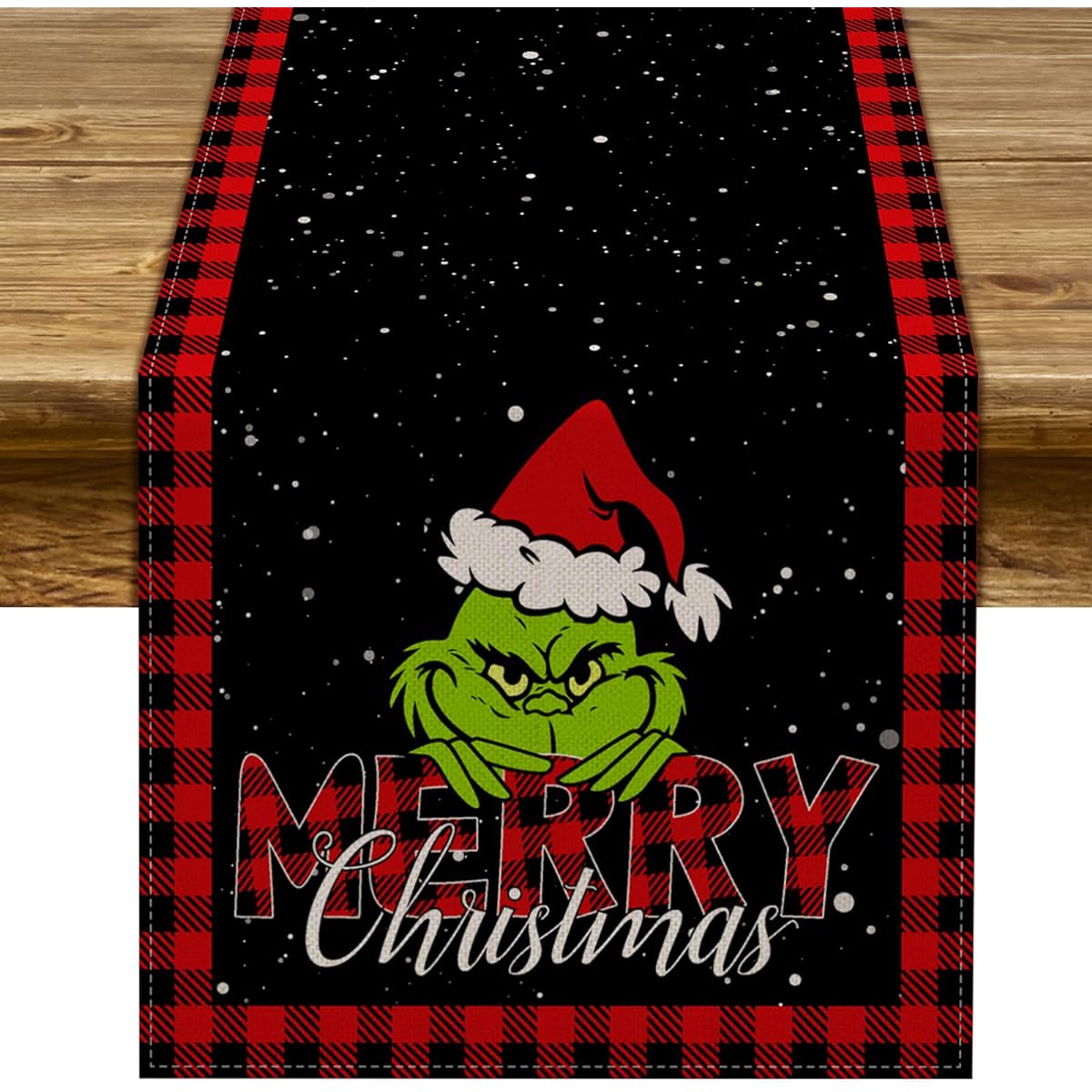 Pudodo Merry Christmas Table Runner Grinchmas Buffalo Plaid Check Winter Holiday Party Fireplace Kitchen Dining Home Decoration