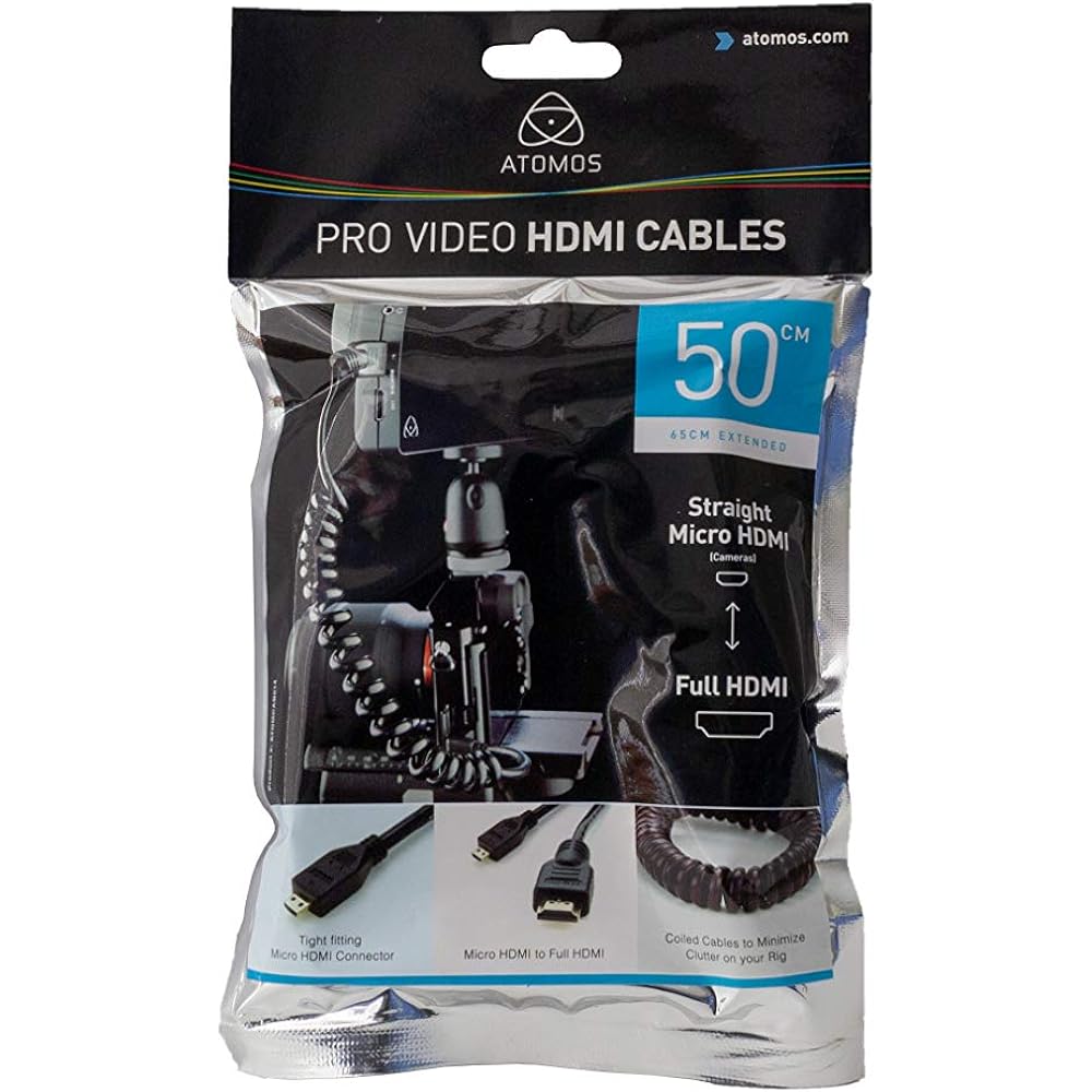 ATOMOS MICRO HDMI to Full HDMI Cable Curled 50cm (65cm extension compatible) ATOMCAB014