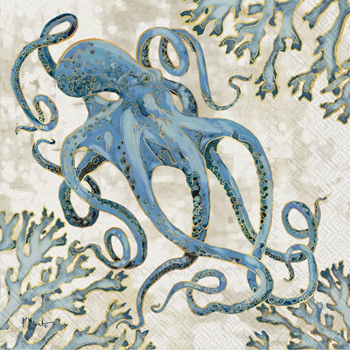 IHR Ideal Home Range Paper Napkins 3-Ply Coastal Tropical Beach Design Cocktail Size 20 Count Playa Octopus