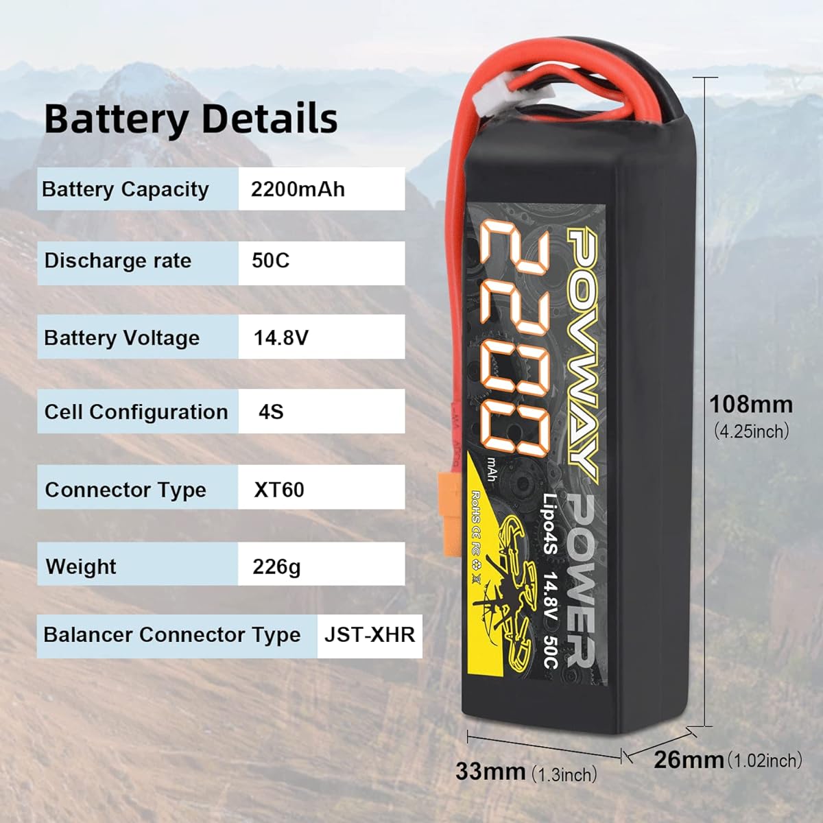 POVWAY 4S 2200mAh LiPo Battery Pack 14.8V 50C with XT60 and Deans Plug for RC Trucks, RC Planes, RC Helicopters, Drones and Quadcopters (4s 2200mah 2 Pack)