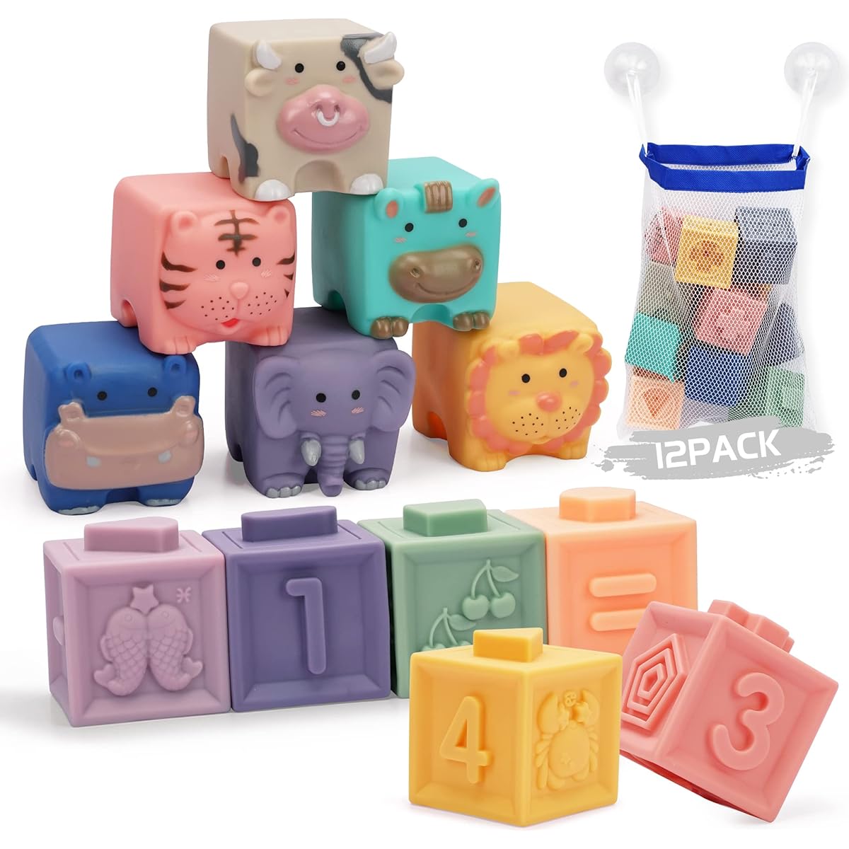 QLOTS Baby Blocks Baby Toys, 12pcs Soft Stacking Building Blocks Toddler Bath Toys for 12 Months 1 Year 2 Years Boys & Girls Gifts, Safe Teething Squishy Sensory Toy with Suction Cup Storage Bag