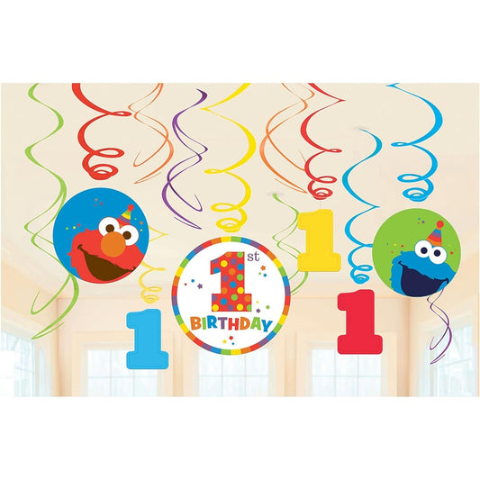 amscan 671835 Sesame Street Elmo Turns One Value Pack Plastic Swirl Decorations Birthday 5 Inch 12 pcs Multicolor One Size