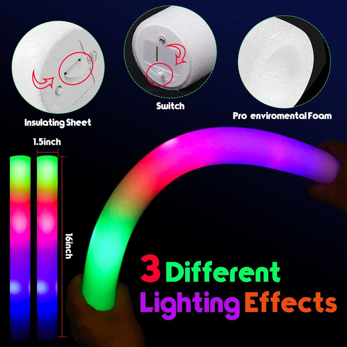 Glow Sticks Bulk 106pcs LED Foam Glow Sticks Glow in the Dark Party Supplies Light Up Foam Sticks 3 Modes Colorful Flashing for Party/Wedding/Birthday/New Year/Halloween