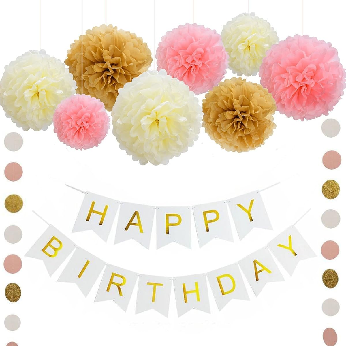 Fascola Pack of 11pcs Paper Pom Pom Flowers and Polka Dot Paper Garland with Happy Birthday Wedding Party Decoration Banner