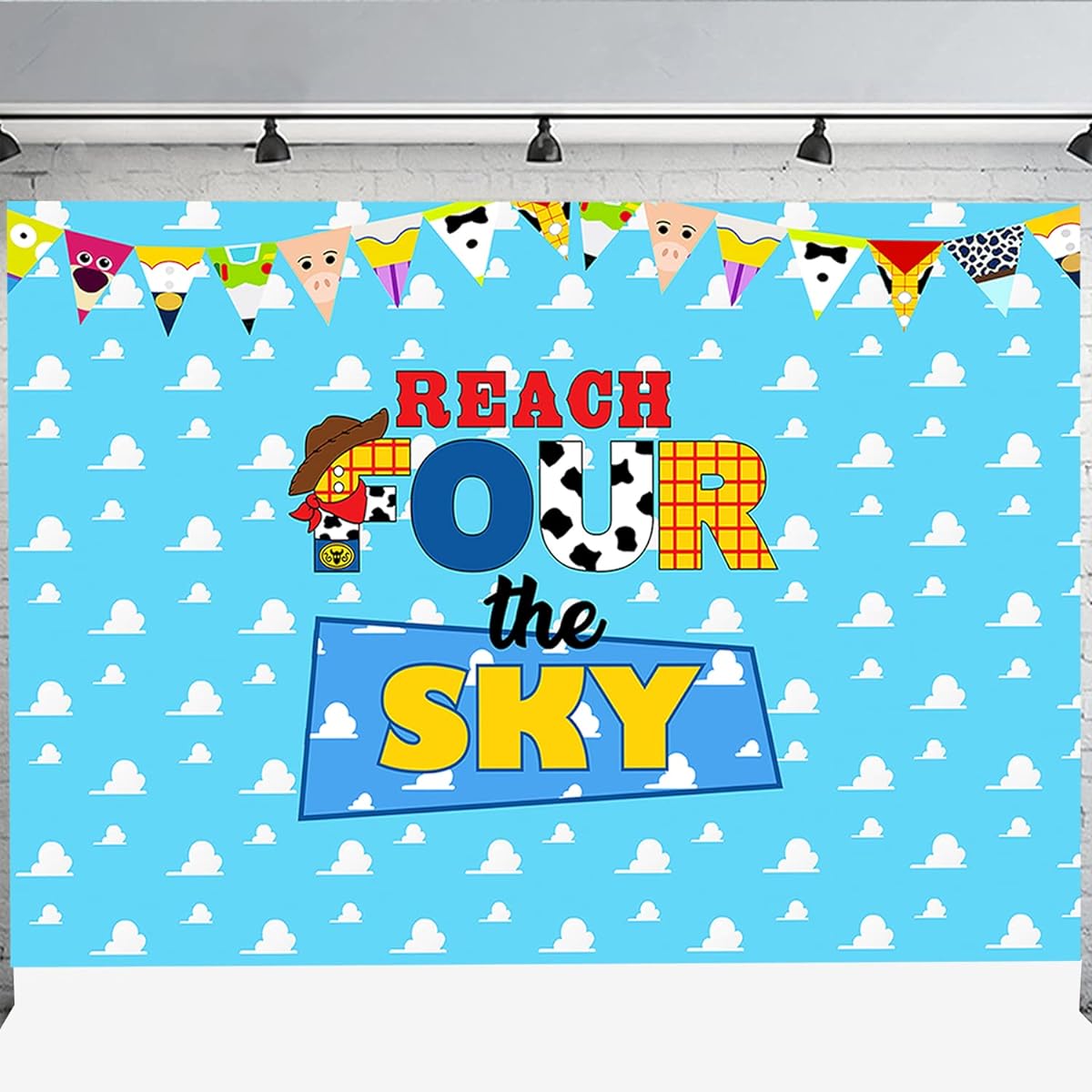 Reach Four The Sky Backdrop Toy Story 4th Birthday Party Background Banner for Boys Girls 4th Cartoon Story Birthday Decorations 5x3ft