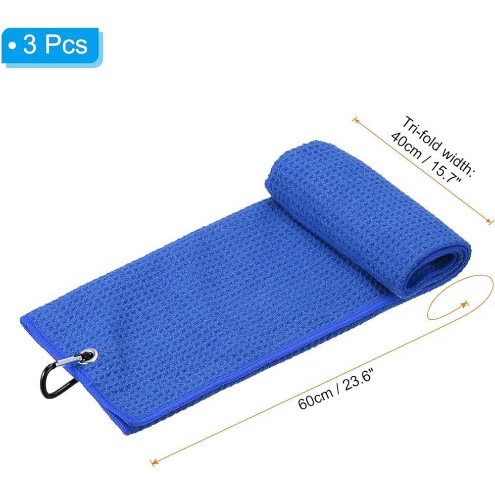 PATIKIL 60 x 40 cm Tri-Fold Golf Towel 3 Pieces Waffle Pattern Towel Soft Fiber Strong Absorption with D Clip for Golf Enthusiasts Dark Blue