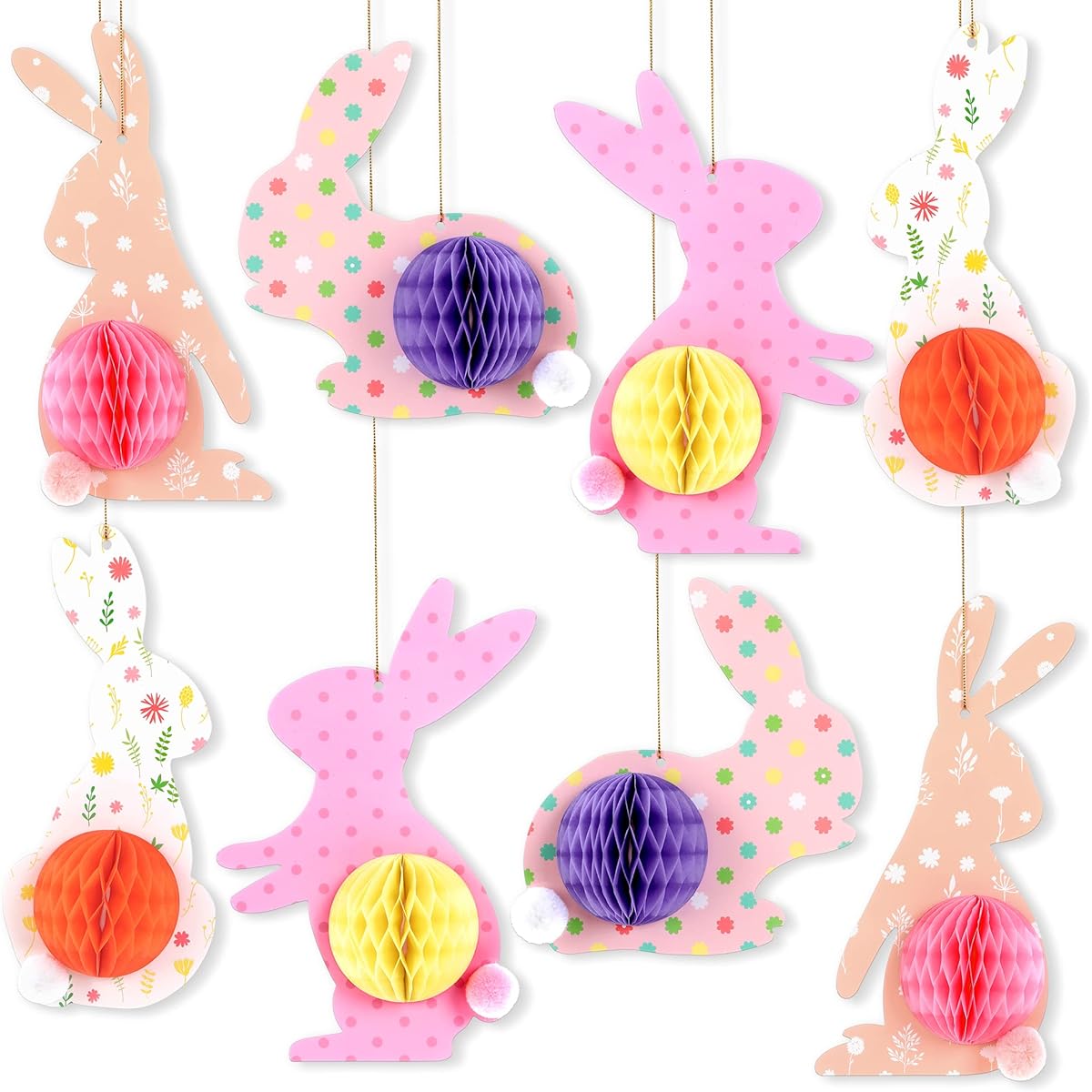 KatchOn Hanging Easter Honeycomb Decorations, 8 Pack Easter Honeycomb Centerpieces, Easter Bunny Decorations, 3D Rabbit Easter Table Decorations, Home Easter Decorations