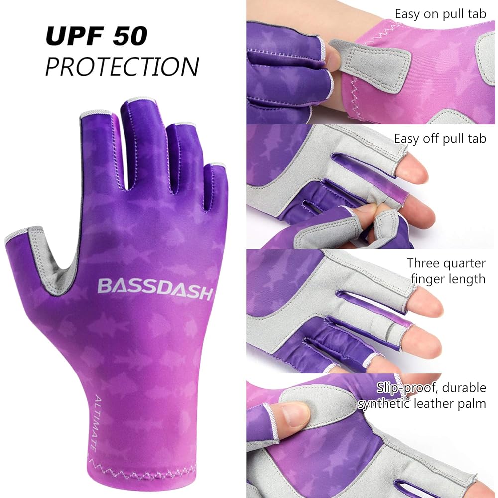 BASSDASH ALTIMATE UPF 50+ Women's Fishing Gloves UV Sun Protection Fingerless Gloves for Kayaking Paddling Hiking Cycling Driving Shooting Training