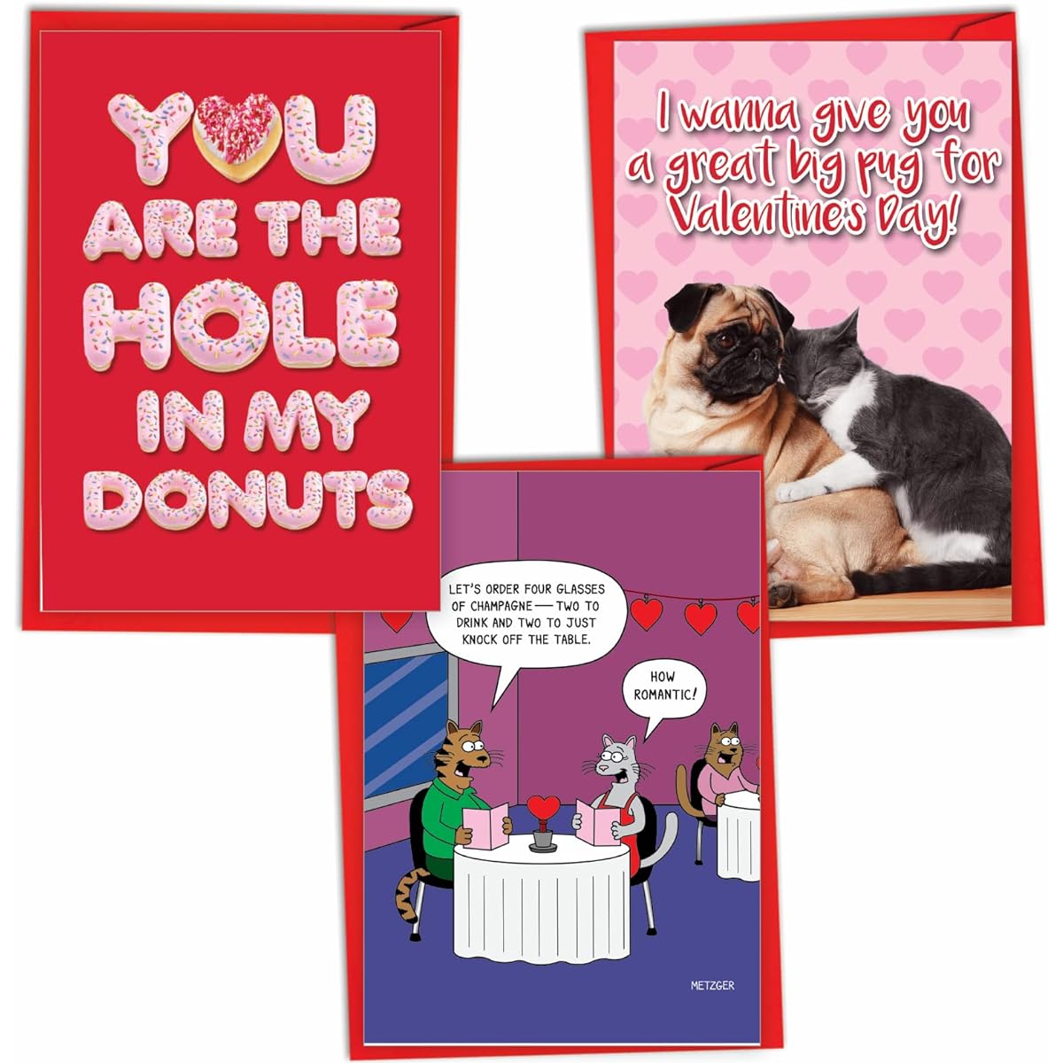 NobleWorks Humorous Valentine's Day Greeting Card with Envelope, Funny Loving Holiday for Men and Women, Variety Pack (3 Designs, 1 of Each) Sweet Romance VC10375VDG-C1x3