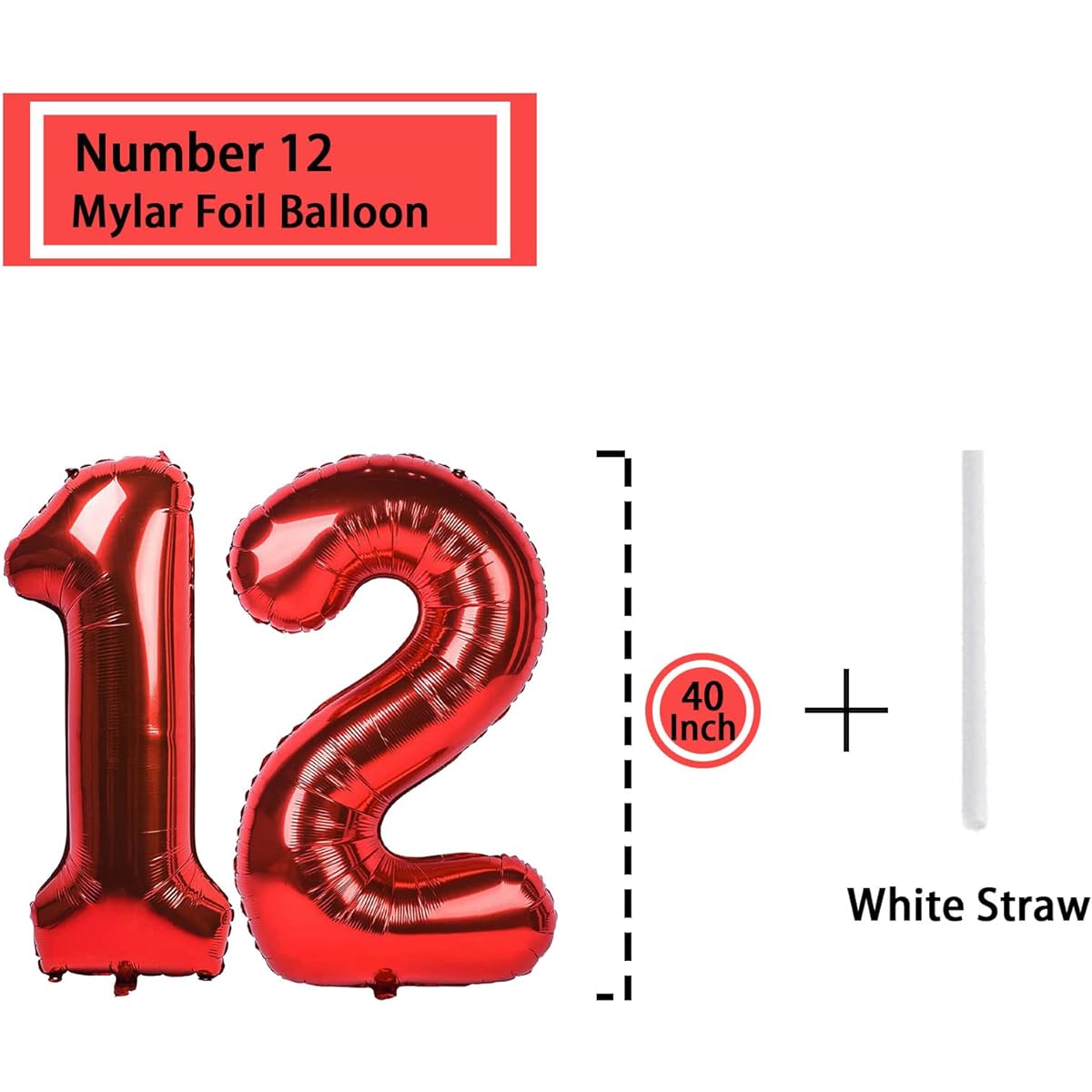 12 Number Balloons Red 40 Inch Large Foil Mylar for 12 Year Old Boy Girl Birthday Party Decorations Wedding Anniversary Event Supplies