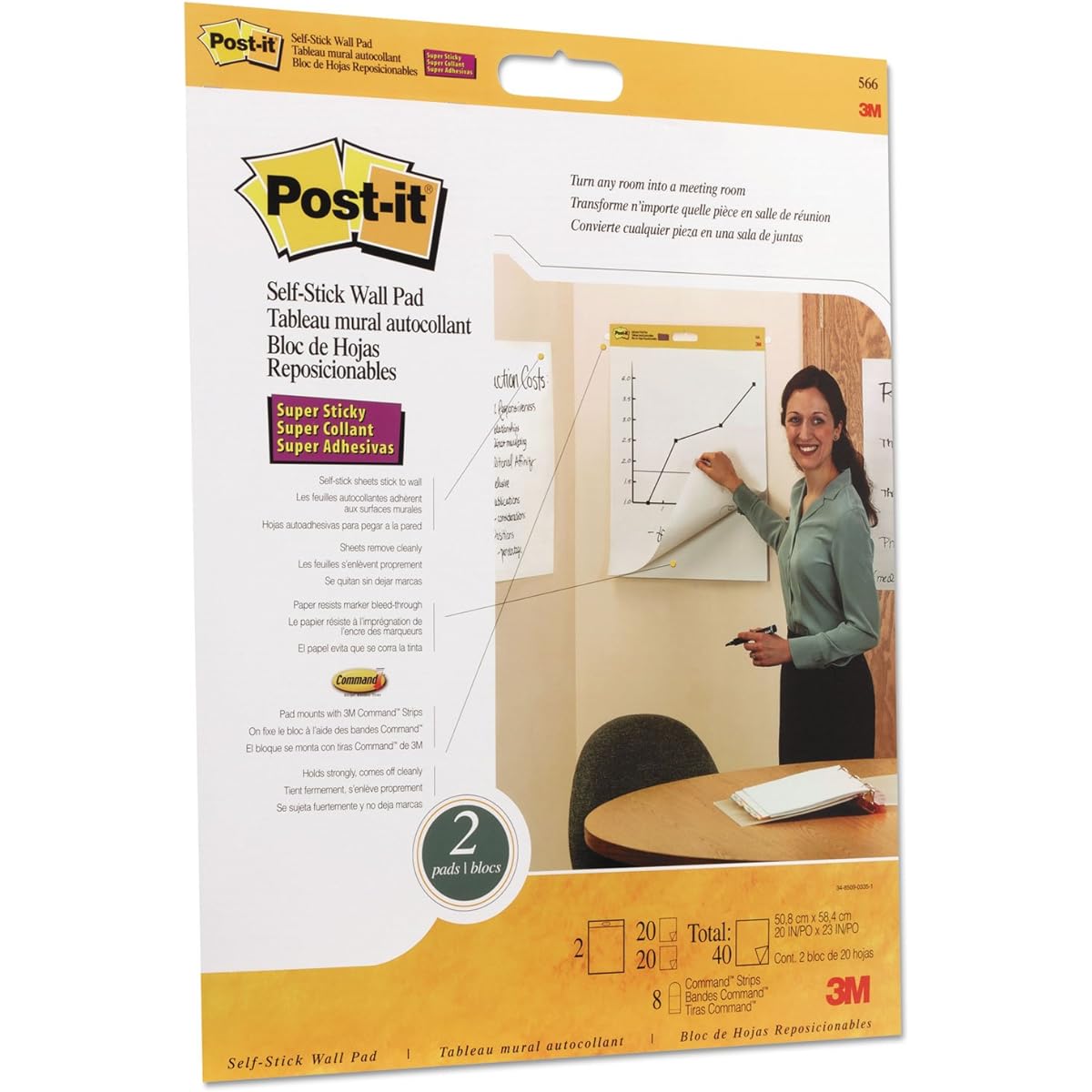 Post-it Easel Pad Self-Stick Wall Mount 20" x 23" White 2 Pads/Pack MMM566