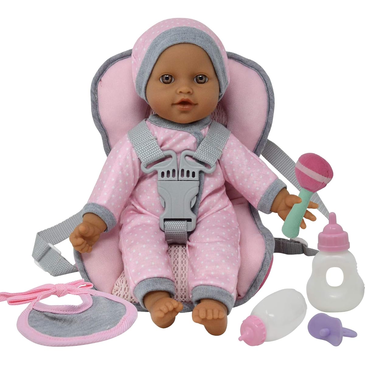 Doll Travel Playset - Baby Doll Car Seat Carrier Backpack with 12" Soft Body Doll, Doll Bottle and Toy Accessories (Hispanic)