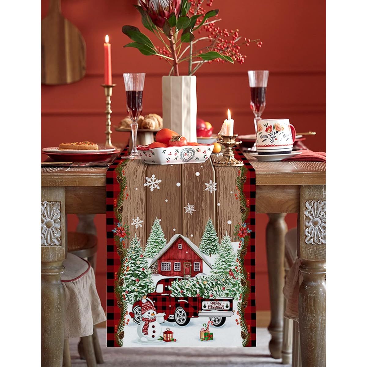 Christmas Red Truck Table Runner Kitchen Decor Seasonal Winter Holiday Table Decorations for Wedding Holiday Party Red Plaid Wood Christmas Tree Snowman Farmhouse Decor Burlap Table Runner 13x72 Inch