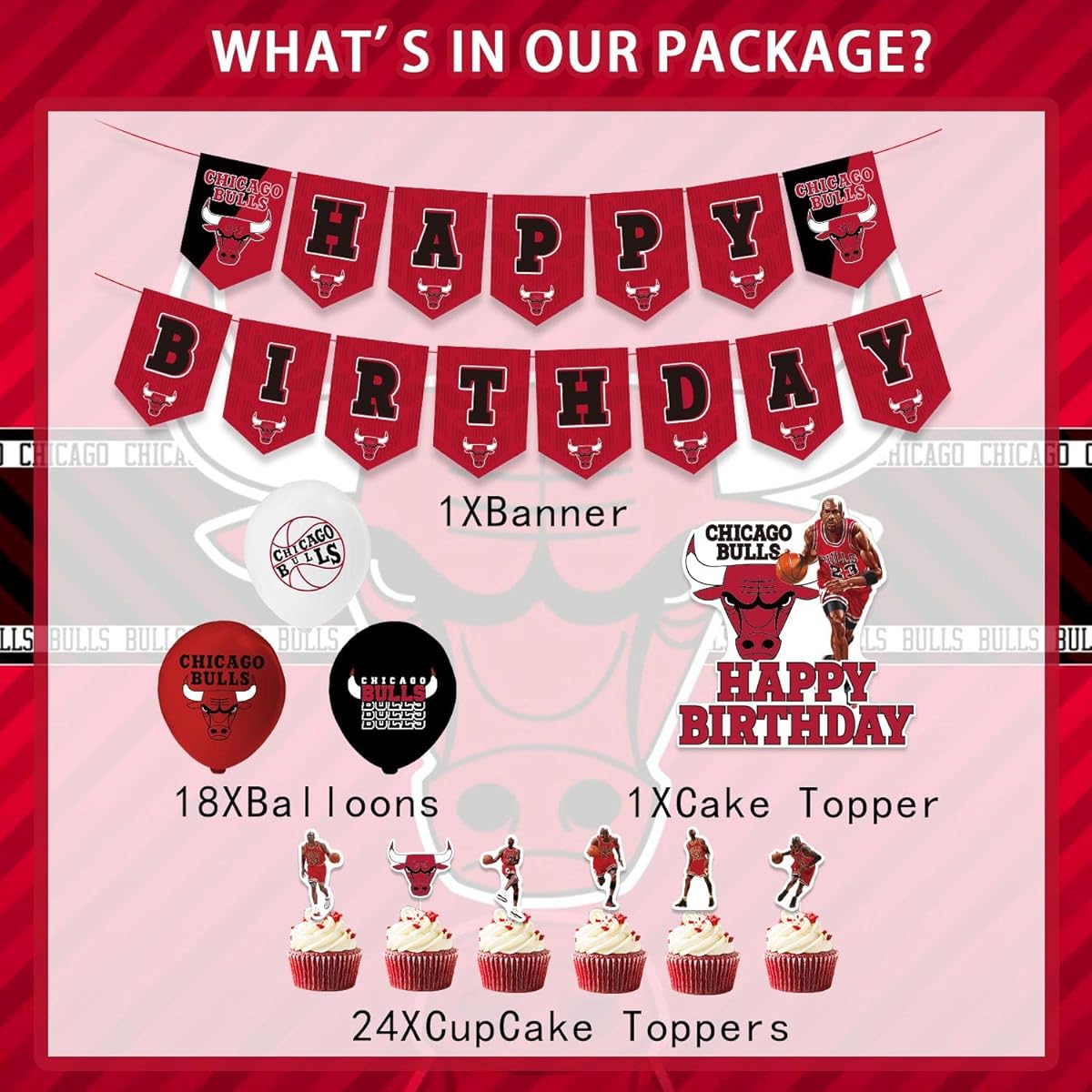 Chicago Bulls Michael Jordan Birthday Party Decorations, Chicago Bulls Basketball Party Supplies, NBA Basketball Sports Birthday Party Favors, Banner Balloons Cupcake Cake Toppers for Men and Women