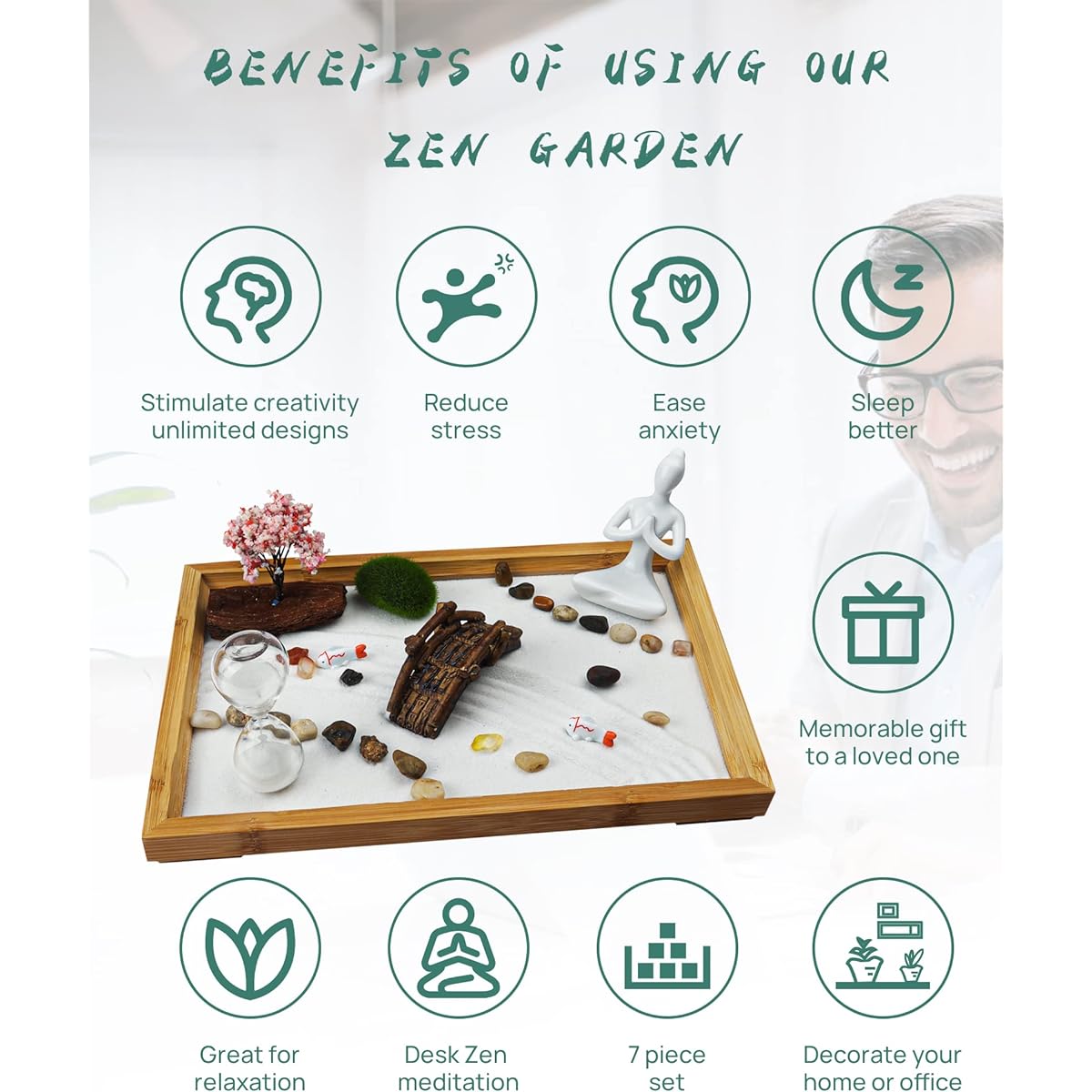 Melonva Japanese Zen Garden for Desk - Life Flows 12" x 8" Desktop Mini Zen Garden with White Sand, Artificial Trees, Rocks, Rake Accessories - Meditation Zen Gifts, Sand Tray, Play Kit, Zen Decor