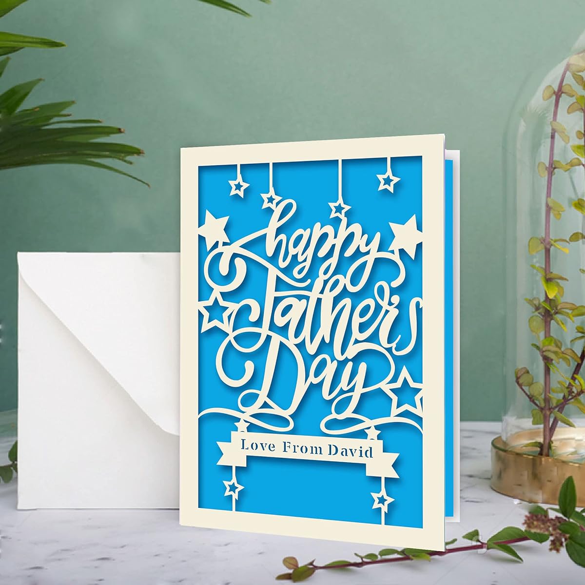 EDSG Personalized Father's Day Cards with Custom Laser Paper for Him, Uncle, Step Father, Husband, Grandfather, Grandpa, Dad with Envelope (Blue)