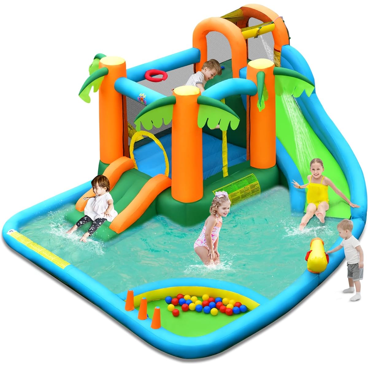 HONEY JOY Inflatable Water Slide 7-in-1 Jump Bouncer House for Kids, Large Splash Pool & Slide, Water Cannon, Ocean Ball, Jungle Theme Outdoor Blow Up Water Slide for Backyard (No Blower)
