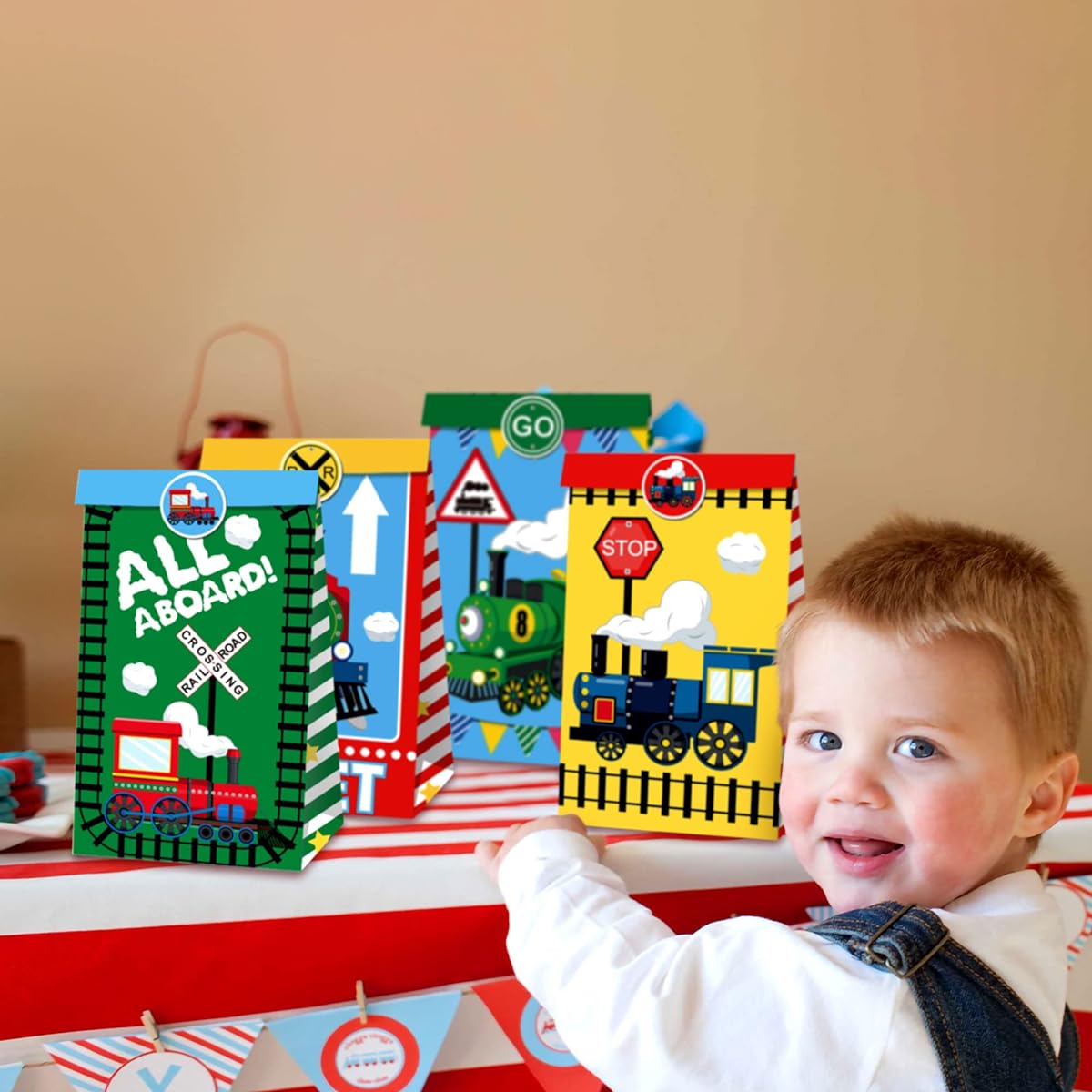 Roaring Good Time 16 Pieces Train Birthday Party Supplies Train Birthday Party Favor Bags Train Birthday Party Gift Bags Train Party Favors Train Stickers Train Goodie Bags