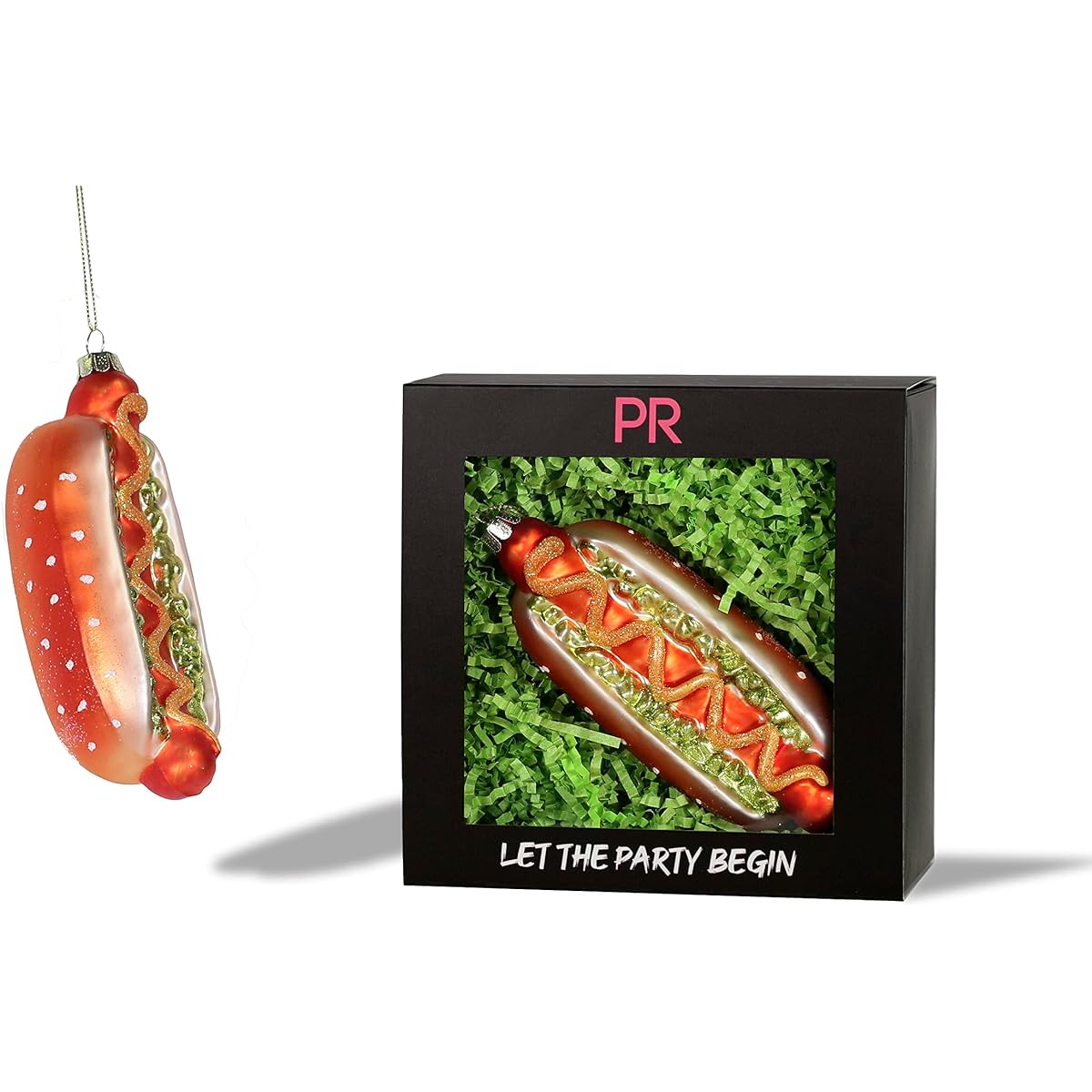 Party Rock - Hot Dog Ornament - Food & Drink Collection - 2" Wide x 6" Tall - Glass Blown Ornament for Christmas Tree