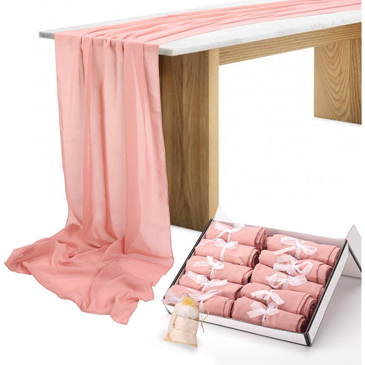 Antimbee Chiffon Sheer Table Runner with Ribbon Ties, Pale Dusty Rose, 29 x 120 Inch, Pack of 10 for Weddings, Bridal Showers, Parties, Christmas