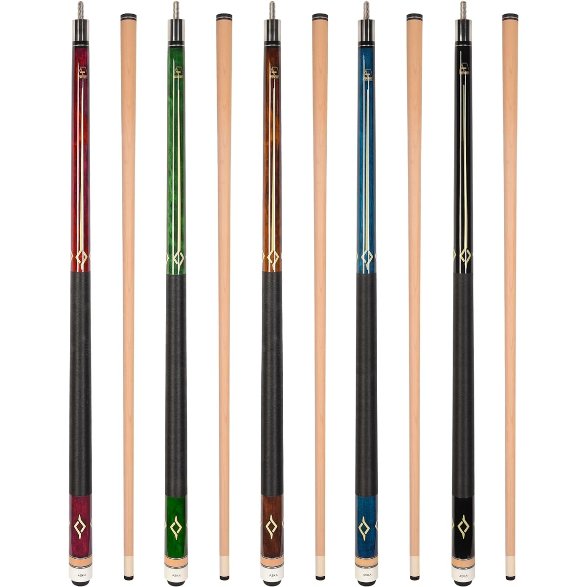Set of 5 Aska L7 Billiard Pool Cues, 58" Hard Rock Canadian Maple, 13mm Hard Le Pro Tip, Black, Blue, Brown, Green, Red. Mixed Weights. Improve Your Game Room