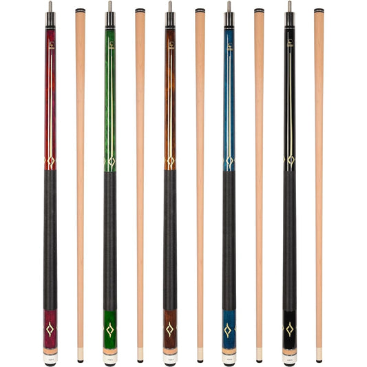 Set of 5 Aska L7 Billiard Pool Cues, 58" Hard Rock Canadian Maple, 13mm Hard Le Pro Tip, Black, Blue, Brown, Green, Red. Mixed Weights. Improve Your Game Room