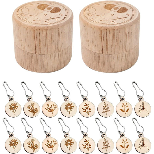 CDIYTOOL 16pcs Removable Stitch Markers with Wooden Storage Box for Knitting and Crocheting, Wooden Crochet Stitch Markers Charm Pendant Locking Stitch Markers Knitting Tool Accessories