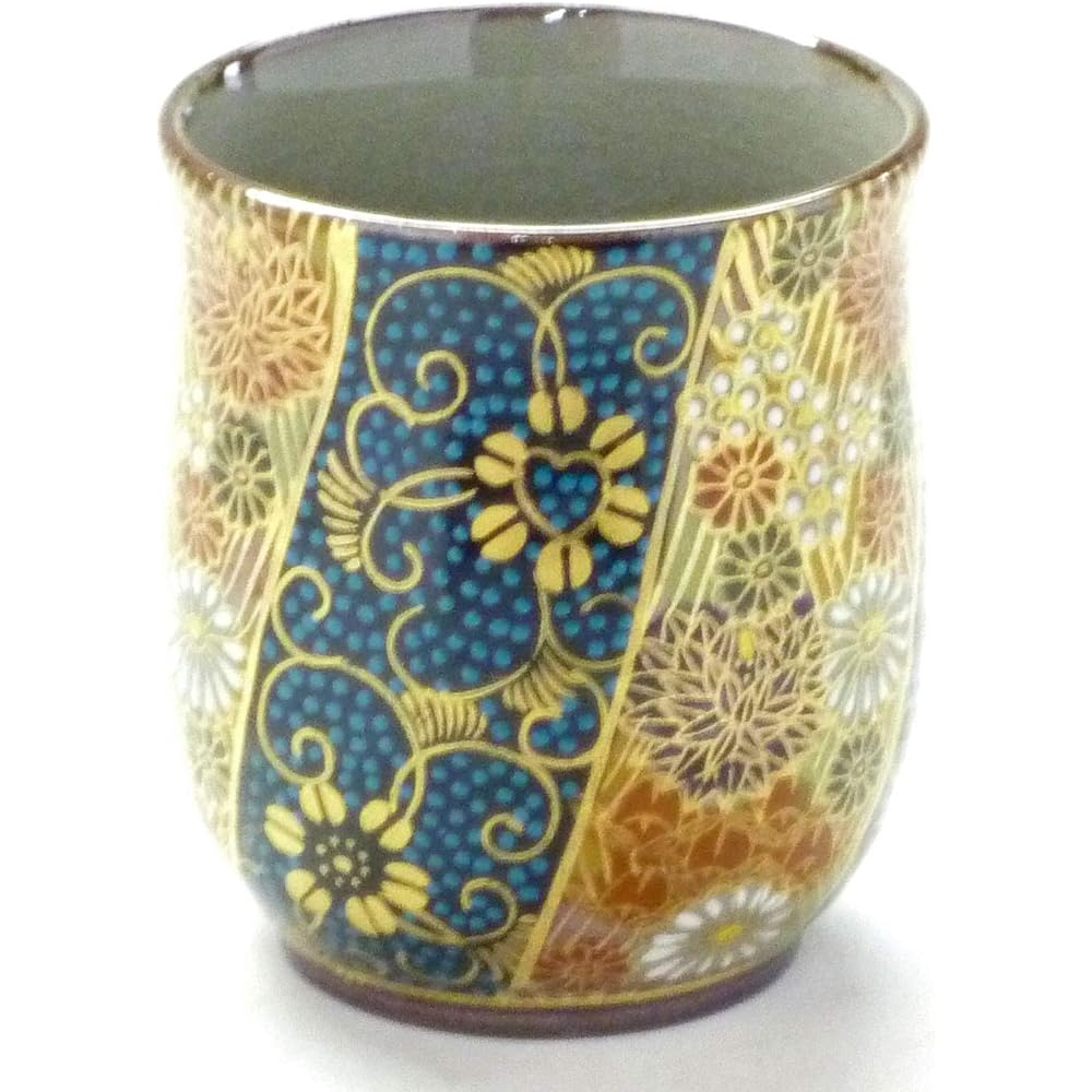 Kutani ware [Tean cup] Small blue grain + gold flower filling (masterpiece) [Back picture]
