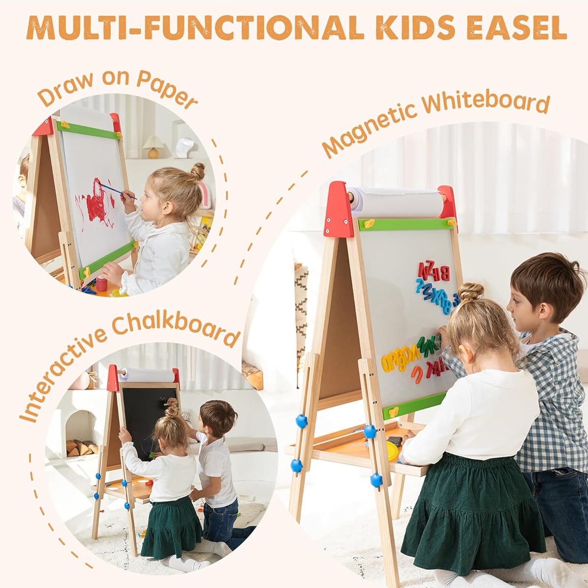 Kids Easel with 2 Rolls of Drawing Paper, Learning Toys for Ages 3 4 5 6 7 8 Boys Girls, Wooden Chalkboard & Magnetic Whiteboard & Painting Paper Stand, Gifts & Art Supplies for Toddlers