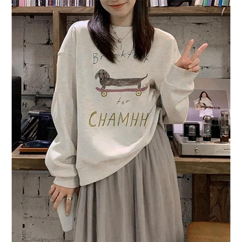 [inotenka] Women's Sweatshirt, Hoodie, Fleece-lined Sweatshirt, Tops, Large Size, Loose, Oversized, Pullover, Dog Pattern, Thin, Thick, Cotton, Korean, Cute, Commuting, Going Out, Spring, Autumn, Winter
