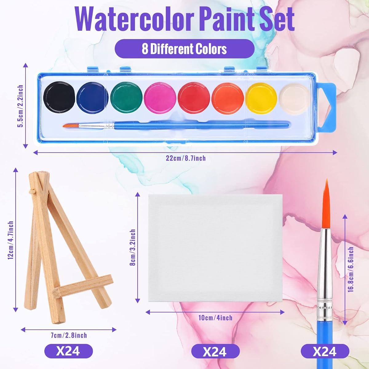Fuutreo Mini Canvas Easel Set with 3x4 Inch Canvas and Wooden Easel, 8 Colors Watercolor Paint Brushes for Kids Paint School Birthday Painting Art Party Supplies (48)
