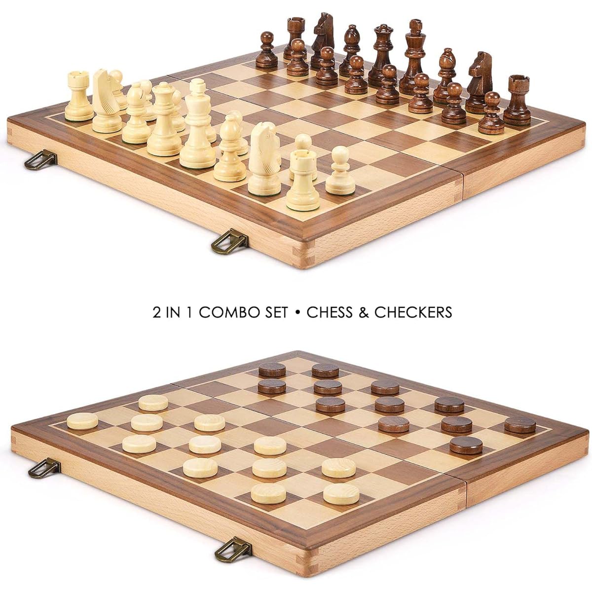 AMEROUS 15" Wooden Chess & Checkers Set with Improved Weighted Chess Pieces - 2 Extra Queens - 24 Checkers - Folding Board - Instructions - Chessman Storage Slot Classic 2-in-1 Board Game