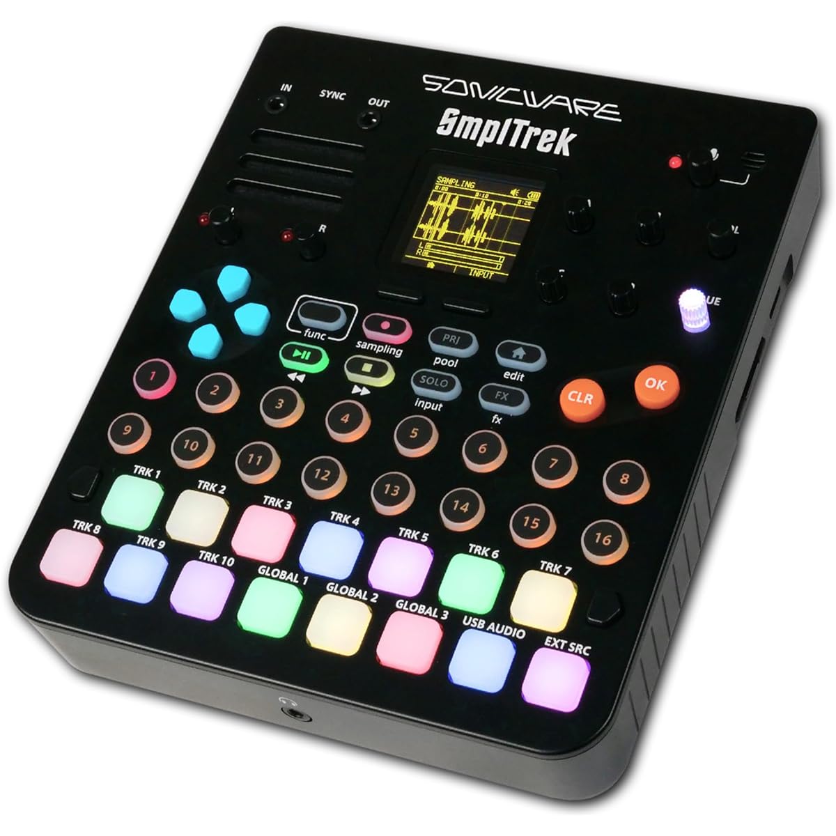 SONICWARE SmplTrek [Portable Production Sampler] 15 touch-sensitive full-color LED pads, built-in microphone and built-in speaker, battery powered, USB audio interface